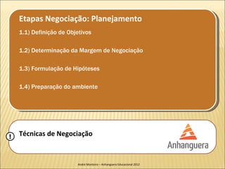 Etapas Negociação: Planejamento
    1.1) Definição de Objetivos

    1.2) Determinação da Margem de Negociação

    1.3) Formulação de Hipóteses

    1.4) Preparação do ambiente




!   Técnicas de Negociação


                         André Monteiro – Anhanguera Educacional 2012
 