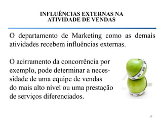 INFLUÊNCIAS EXTERNAS NA
            ATIVIDADE DE VENDAS

O departamento de Marketing como as demais
atividades recebem influências externas.

O acirramento da concorrência por
exemplo, pode determinar a neces-
sidade de uma equipe de vendas
do mais alto nível ou uma prestação
de serviços diferenciados.

                                        38
 