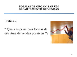 FORMAS DE ORGANIZAR UM
             DEPARTAMENTO DE VENDAS



Prática 2:

“ Quais as principais formas de
estrutura de vendas possíveis ??




                                      46
 