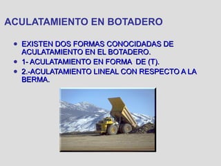 ACULATAMIENTO EN BOTADERO
● EXISTEN DOS FORMAS CONOCIDADAS DEEXISTEN DOS FORMAS CONOCIDADAS DE
ACULATAMIENTO EN EL BOTADERO.ACULATAMIENTO EN EL BOTADERO.
● 1- ACULATAMIENTO EN FORMA DE (T).1- ACULATAMIENTO EN FORMA DE (T).
● 2.-ACULATAMIENTO LINEAL CON RESPECTO A LA2.-ACULATAMIENTO LINEAL CON RESPECTO A LA
BERMA.BERMA.
 