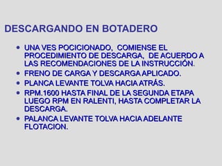 DESCARGANDO EN BOTADERO
● UNA VES POCICIONADO, COMIENSE ELUNA VES POCICIONADO, COMIENSE EL
PROCEDIMIENTO DE DESCARGA, DE ACUERDO APROCEDIMIENTO DE DESCARGA, DE ACUERDO A
LAS RECOMENDACIONES DE LA INSTRUCCIÓNLAS RECOMENDACIONES DE LA INSTRUCCIÓN..
● FRENO DE CARGA Y DESCARGA APLICADO.FRENO DE CARGA Y DESCARGA APLICADO.
● PLANCA LEVANTE TOLVA HACIA ATRÁS.PLANCA LEVANTE TOLVA HACIA ATRÁS.
● RPM.1600 HASTA FINAL DE LA SEGUNDA ETAPARPM.1600 HASTA FINAL DE LA SEGUNDA ETAPA
LUEGO RPM EN RALENTI, HASTA COMPLETAR LALUEGO RPM EN RALENTI, HASTA COMPLETAR LA
DESCARGA.DESCARGA.
● PALANCA LEVANTE TOLVA HACIA ADELANTEPALANCA LEVANTE TOLVA HACIA ADELANTE
FLOTACION.FLOTACION.
 