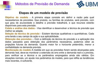 Métodos de Previsão de Demanda 
Etapas de um modelo de previsão 
Objetivo do modelo - A primeira etapa consiste em definir a razão pela qual 
necessitamos de previsões. Que produto, ou famílias de produtos, será previsto, com 
que grau de acuracidade e detalhe a previsão trabalhará, e que recursos estarão 
disponíveis para esta previsão. 
Coleta e análise dos dados - Visa identificar e desenvolver a técnica de previsão que 
melhor se adapte. 
Seleção da técnica de previsão - Existem técnicas qualitativas e quantitativas. Cada 
uma tendo o seu campo de ação e sua aplicabilidade. 
Obtenção das previsões – Com a definição da técnica de previsão e a aplicação dos 
dados passados para obtenção dos parâmetros necessários, podemos obter as 
projeções futuras da demanda. Quanto maior for o horizonte pretendido, menor a 
confiabilidade na demanda prevista. 
Monitoração do modelo A medida em que as previsões forem sendo alcançadas pela 
demanda real, deve-se monitorar a extensão do erro entre a demanda real e a prevista, 
para verificar se a técnica e os parâmetros empregados ainda são válidos. Em 
situações normais, um ajuste nos parâmetros do modelo, para que reflita as tendências 
mais recentes, é suficiente. 
 