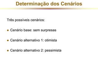 Determinação dos Cenários 
Três possíveis cenários: 
 Cenário base: sem surpresas 
 Cenário alternativo 1: otimista 
 Cenário alternativo 2: pessimista 
 