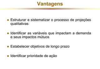 Vantagens 
 Estruturar e sistematizar o processo de projeções 
qualitativas 
 Identificar as variáveis que impactam a demanda 
e seus impactos mútuos 
 Estabelecer objetivos de longo prazo 
 Identificar prioridade de ação 
 