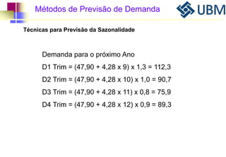 Métodos de Previsão de Demanda 
Técnicas para Previsão da Sazonalidade 
Demanda para o próximo Ano 
D1 Trim = (47,90 + 4,28 x 9) x 1,3 = 112,3 
D2 Trim = (47,90 + 4,28 x 10) x 1,0 = 90,7 
D3 Trim = (47,90 + 4,28 x 11) x 0,8 = 75,9 
D4 Trim = (47,90 + 4,28 x 12) x 0,9 = 89,3 
 