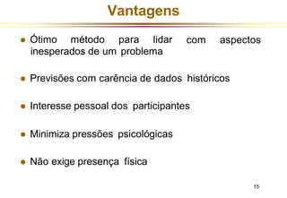 Vantagens
15
com aspectos
⚫ Ótimo método para lidar
inesperados de um problema
⚫ Previsões com carência de dados históricos
⚫ Interesse pessoal dos participantes
⚫ Minimiza pressões psicológicas
⚫ Não exige presença física
 