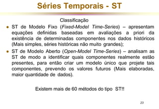 Séries Temporais - ST
23
Time-Series) – apresentam
equações definidas baseadas em avaliações a priori da
existência de determinadas componentes nos dados históricos
(Mais simples, séries históricas não muito grandes);
⚫ ST de Modelo Aberto (Open-Model Time-Series) – analisam as
ST de modo a identificar quais componentes realmente estão
presentes, para então criar um modelo único que projete tais
componentes, prevendo os valores futuros (Mais elaboradas,
maior quantidade de dados).
Existem mais de 60 métodos do tipo ST!!
Classificação
⚫ ST de Modelo Fixo (Fixed-Model
 