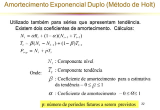 32
Amortecimento Exponencial Duplo (Método de Holt)
= Nt + pTt
Pt+p
Utilizado também para séries que apresentam tendência.
Existem dois coeficientes de amortecimento. Cálculos:
Nt = Rt + (1− )(Nt−1 + Tt−1)
Tt = (Nt − Nt−1 ) + (1− )Tt−1
Onde:
: Componente nível

: Componente tendência
: Coeficiente de amortecimento para a estimativa
da tendência – 0   1
: Coeficiente de amortecimento – 0   1
p: número de períodos futuros a serem previstos
 