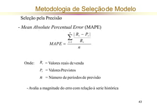 Metodologia de Seleçãode Modelo
Seleção pela Precisão
- Mean Absolute Percentual Error (MAPE)
n
43
Rt
MAPE =
n

t=1
| Rt − Pt |
Onde: Rt = Valores reais devenda
Pt = ValoresPrevistos
n = Número de períodos de previsão
-Avalia a magnitude do erro com relação à serie histórica
 