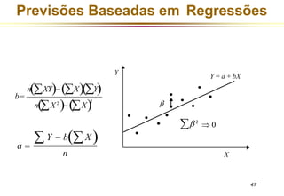 Previsões Baseadas em Regressões
b=
n(XY)−(X)(Y)
n(X2
)−(X)2
 2
 0

Y = a + bX
Y
X
n
47
a =
 Y − b(X )
 