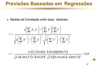 Previsões Baseadas em Regressões
⚫ Medida da Correlação entre duas Variáveis:
2
2
2
= 0,9
13.(1.663,37)− (143,10)2
. 13.(16.416,82)− (450,71)2
13.(5.224,86)− (143,10).(450,71)


− 




 
 

 

     


r =
Y 
Y
n X 2
 −  X  . n
r =
n
 i=1 
n
  i=1 
n
 i=1
n
  i=1 
n
  i=1
n
 i=1
n X i .Yi  −  X .Y 
52
 