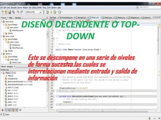 DISEÑO DECENDENTE O TOP-
DOWN
Este se descompone en una serie de niveles
de forma sucesiva las cuales se
interrelacionan mediante entrada y salida de
información