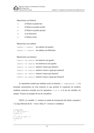 Ingeniero Técnico en Informática de Sistemas
D ddd Pedro López Soto
Proyecto fin de carrera

Capítulo 3: Comparativa Funcional de las Shells de Unix

Operaciones con ficheros
-r

el fichero se puede leer

-w

el fichero se puede escribir

-x

el fichero se puede ejecutar

-d

es un directorio

-e

el fichero existe

Operaciones con cadenas
cadena1 = cadena2

las cadenas son iguales

cadena1 != cadena2

las cadenas son diferentes

Operaciones con números
número1 -eq número2 los números son iguales
número1 -ne número2 los números no son iguales
número1 -lt número2 número1 menor que número2
número1 -le número2 número1 menor o igual que número2
número1 -gt número2 número1 mayor que número2
número1 -ge número2 número1 mayor o igual que número2

Es importante reseñar que también existe la notación [[ expresion ]] La
principal característica de esta notación es que permite la expansión de nombres
mediante caracteres comodín con los operadores == y !=, o el uso de variables sin
asignar. Veamos un ejemplo de uso de comodines.
NOTA: La variable $? contiene el estado de terminación del último comando (
1 (o algo diferente de 0) = error o falso, 0 = correcto o verdadero).
$ X=prueba
$ [ $X == pru* ]
$ echo $?
1
$ [[ $X == pru* ]]
$ echo $?
0

37

 