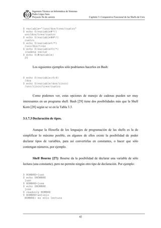 Ingeniero Técnico en Informática de Sistemas
D ddd Pedro López Soto
Proyecto fin de carrera

Capítulo 3: Comparativa Funcional de las Shells de Unix

$ variable='/uno/dos/tres/cuatro'
$ echo ${variable#*/}
uno/dos/tres/cuatro
$ echo ${variable##*/}
cuatro
$ echo ${variable%/*}
/uno/dos/tres
$ echo ${variable%%/*}
(cadena vacía)
$ echo ${#variable}
20

Los siguientes ejemplos sólo podríamos hacerlos en Bash:
$ echo ${variable:4:4}
/dos
$ echo ${variable/dos/cinco}
/uno/cinco/tres/cuatro

Como podemos ver, estas opciones de manejo de cadenas pueden ser muy
interesantes en un programa shell. Bash [29] tiene dos posibilidades más que la Shell
Korn [28] según se ve en la Tabla 3.3.
3.1.7.3 Declaración de tipos.
Aunque la filosofía de los lenguajes de programación de las shells es la de
simplificar lo máximo posible, en algunos de ellos existe la posibilidad de poder
declarar tipos de variables, para así convertirlas en constantes, o hacer que sólo
contengan números, por ejemplo.
Shell Bourne [27]: Bourne da la posibilidad de declarar una variable de sólo
lectura (una constante), pero no permite ningún otro tipo de declaración. Por ejemplo:
$ NOMBRE=juan
$ echo $NOMBRE
juan
$ NOMBRE=jose
$ echo $NOMBRE
jose
$ readonly NOMBRE
$ NOMBRE=antonio
NOMBRE: es sólo lectura

42

 