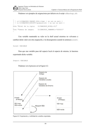 Ingeniero Técnico en Informática de Sistemas
D ddd Pedro López Soto
Proyecto fin de carrera

Capítulo 4: Técnicas Básicas de la Programación Shell

Podemos ver ejemplos de asignaciones por defecto en el script cdbackup.sh:
…
[ ! -d ${CDBACKUP_TARGET_DIR:=/tmp} ] && uso && exit 1
[ ! -x ${CDBACKUP_SCRIPT:=grabacd.sh} ] && uso && exit 1
…
echo "Nivel de la copia:
${CDBACKUP_NIVEL:=0}"
…
echo "Tamano de imagen:
${CDBACKUP_TAMANNO:=700000}"
…

Una variable mantendrá su valor en la shell actual mientras no volvamos a
cambiar dicho valor con otra asignación, o la desasignemos usando la sentencia unset:
$unset VARIABLE

Para que una variable pase del espacio local al espacio de entorno, lo haremos
exportando dicha variable:
$export VARIABLE

Podemos ver el proceso en la Figura 4.2:
Espacio de
Código
Espacio de
Variables Locales
Espacio de
Variables de Entorno

# bash
(# Miapp)

# bash
(# Miapp)

VB1=rojo
VB3=verde

VB1=rojo

#export VB3
VB3=verde

Figura 4.2: Exportación y visibilidad de variables exportadas.

68

 