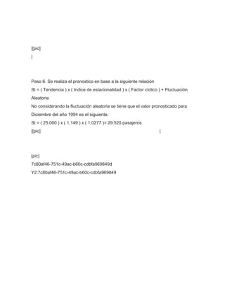 |[pic]
|




Paso 6. Se realiza el pronostico en base a la siguiente relación
St = ( Tendencia ) x ( Indice de estacionalidad ) x ( Factor cíclico ) + Fluctuación
Aleatoria
No considerando la fluctuación aleatoria se tiene que el valor pronosticado para
Diciembre del año 1994 es el siguiente:
St = ( 25.000 ) x ( 1,149 ) x ( 1,0277 )= 29.520 pasajeros
|[pic]                                                              |




[pic]
7c80af46-751c-49ac-b60c-cdbfa969849d
Y2:7c80af46-751c-49ac-b60c-cdbfa969849
 