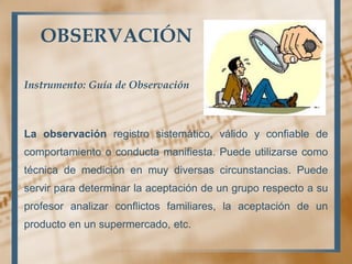 OBSERVACIÓN
Instrumento: Guía de Observación
La observación registro sistemático, válido y confiable de
comportamiento o conducta manifiesta. Puede utilizarse como
técnica de medición en muy diversas circunstancias. Puede
servir para determinar la aceptación de un grupo respecto a su
profesor analizar conflictos familiares, la aceptación de un
producto en un supermercado, etc.
 