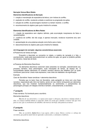 Narração Versus Mero Relato
Elementos Identificadores da Narração
1 - criação e manutenção de expectativa de leitura, com índices do conflito;
2 - explosão do conflito, revelando unidade e coerência na progressão de ações;
3 - solução do conflito: as personagens resolvem ou tentam resolver, o conflito;
4 - reconhecimento do objetivo pelo qual a história foi contada.


Elementos Identificadores do Mero Relato
1 - criação de expectativa sem objetivo definido, pela acumulação inexpressiva de fatos e
caracterizações;
2 - ausência de conflito: ele não surge, é apenas insinuado, revela-se incoerente e/ou sem
unidade;
3 - apresentação de uma pretensa solução como fecho para o texto;
4 - desconhecimento do objetivo pelo qual a história foi relatada.


d) A linguagem da narração: algumas características essenciais
!   Predomínio de Verbos de Ação
        Enquanto a descrição se concentra no objeto, a matéria da narração é o fato, o
acontecimento, razão pela qual predominam os verbos de ação, em geral no pretérito perfeito
do indicativo, nesse tipo de texto.


!   Presença de Elementos Descritivos
        Os elementos descritivos costumam estar presentes na narração, caracterizando seu
processo narrativo, seus personagens, suas marcações de tempo, de espaço etc. A
funcionalidade desses elementos no contexto narrativo decorre dos detalhes com os quais
contribuem para tornar o texto mais expressivo, mais cheio de vitalidade e de significação.
Exemplo:
Caso de Secretária: frases narrativas + elementos descritivos
         Perceba que no texto Caso de Secretária, cada parágrafo se inicia com uma frase
narrativa, responsável pelo ritmo da história, sendo em seu interior enriquecido por elementos
descritivos, que nos mostram fundamentalmente os sentimentos e pensamentos do
personagem principal, em relação à família e também, crescentemente, à secretária.

 o
1 parágrafo
Frase narrativa: Foi trombudo para o escritório.
Elementos descritivos:
         Era dia de seu aniversário, e a esposa nem sequer o abraçara, não fizera a mínima alusão à
data. As crianças também tinham se esquecido. Então era assim que a família o tratava? Ele que vivia
para os seus, que se arrebentava de trabalhar, não merecer um beijo, uma palavra ao menos!

 o
2 parágrafo
Frase narrativa:
         Mas, no escritório, havia flores à sua espera, sobre a mesa. Havia o sorriso e o abraço da
secretária, que poderia muito bem ter ignorado o aniversário, e entretanto o lembrara.


Elementos descritivos:



                                                19
 