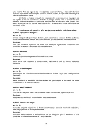 29
uma história. Além de organizá-los com coerência e verossimilhança, é necessário também
avaliar a originalidade da construção, a criação pessoal, ou seja, a capacidade de invenção e
de articulação de uma trama.
Entretanto, na medida em que todos esses aspectos se expressam via linguagem, ela
os engloba e lhes dá consistência. Portanto, o principal critério para se avaliar um texto
narrativo é verificar sua estrutura lingüística, tendo em vista a adequação entre forma e con-
teúdo, entre intenção - o que se pretendeu contar - e realização - o que efetivamente se
conseguiu contar.
7 - Procedimentos anti-narrativos (e/ou que devem ser evitados no texto narrativo)
a) Sobre a progressão de ações:
em vez de:
enredo desequilibrado (sem noção de ritmo), com problemas na sucessão de fatos (saltos ou
acúmulos impertinentes)/enredo minucioso, detalhista, que não prenda o interesse do leitor;
é preciso:
criar uma seqüência expressiva de ações, com alterações significativas e desfechos não
previsíveis, que sejam compatíveis com história narrada;
b) Sobre o conflito:
em vez de:
conflito inexpressivo/desgastado/abandonado ou ausente;
é preciso:
saber criá-lo com coerência e expressividade, articulando-o com os demais elementos
narrativos;
c) Sobre os personagens:
em vez de:
personagens mal caracterizados/inverossímeis/artificiais ou sem função para a inteligibilidade
da história;
é preciso:
saber relacionar os elementos caracterizadores dos personagens e articulá-los de forma
consistente com o conflito apresentado;
d) Sobre o foco narrativo:
em vez de:
confundir as categorias autor e narrador/alterar o foco narrativo, sem objetivo específico;
é preciso:
adequar o foco narrativo à história narrada e aos personagens;
e) Sobre o espaço e o tempo:
em vez de:
marcação temporal inexpressiva e desarticulada/marcação espacial meramente decorativa,
sem integração com as mudanças temporais;
é preciso:
aproveitar adequadamente a funcionalidade de tais categorias para a fabulação, o que
pressupõe o conhecimento da relação / tempo / espaço;
 