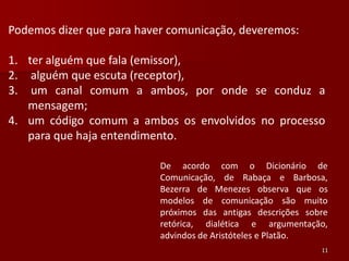Podemos dizer que para haver comunicação, deveremos:

1. ter alguém que fala (emissor),
2. alguém que escuta (receptor),
3. um canal comum a ambos, por onde se conduz a
   mensagem;
4. um código comum a ambos os envolvidos no processo
   para que haja entendimento.

                           De acordo com o Dicionário de
                           Comunicação, de Rabaça e Barbosa,
                           Bezerra de Menezes observa que os
                           modelos de comunicação são muito
                           próximos das antigas descrições sobre
                           retórica, dialética e argumentação,
                           advindos de Aristóteles e Platão.
                                                              11
 