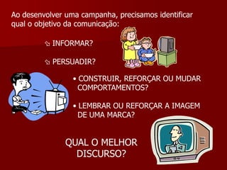 Ao desenvolver uma campanha, precisamos identificar
qual o objetivo da comunicação:

          INFORMAR?

          PERSUADIR?

                 • CONSTRUIR, REFORÇAR OU MUDAR
                   COMPORTAMENTOS?

                 • LEMBRAR OU REFORÇAR A IMAGEM
                   DE UMA MARCA?


               QUAL O MELHOR
                 DISCURSO?
 
