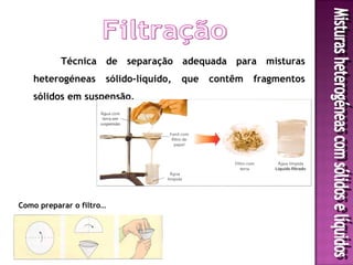 Técnica de separação adequada para misturas
   heterogéneas       sólido-líquido,   que   contêm   fragmentos
   sólidos em suspensão.




Como preparar o filtro…
 