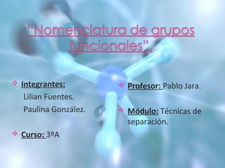  Integrantes:
Lilian Fuentes.
Paulina González.
 Curso: 3ºA
 Profesor: Pablo Jara.
 Módulo: Técnicas de
separación.
 