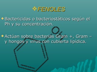 FENOLESFENOLES
 Bactericidas o bacteriostáticos según elBactericidas o bacteriostáticos según el
Ph y su concentración.Ph y su concentración.
 Actúan sobre bacterias Gram +, Gram –Actúan sobre bacterias Gram +, Gram –
y hongos y virus con cubierta lipídica.y hongos y virus con cubierta lipídica.
 
