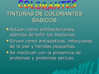 TINTURAS DE COLORANTESTINTURAS DE COLORANTES
BÁSICOSBÁSICOS
 Actúan como antibacterianos,Actúan como antibacterianos,
además de teñir las bacterias.además de teñir las bacterias.
 Sirven como antisépticos, infeccionesSirven como antisépticos, infecciones
de la piel y heridas pequeñas.de la piel y heridas pequeñas.
 Se inactivan con la presencia deSe inactivan con la presencia de
proteínas y proteínas séricas.proteínas y proteínas séricas.
 