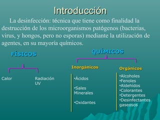 IntroducciónIntroducción
La desinfección: técnica que tiene como finalidad la
destrucción de los microorganismos patógenos (bacterias,
virus, y hongos, pero no esporas) mediante la utilización de
agentes, en su mayoría químicos.
FÍSICOSFÍSICOS QUÍMICOSQUÍMICOS
Calor Radiación
UV
InorgánicosInorgánicos OrgánicosOrgánicos
•Ácidos
•Sales
Minerales
•Oxidantes
•Alcoholes
•Fenoles
•Aldehídos
•Colorantes
•Detergentes
•Desinfectantes
gaseosos
 