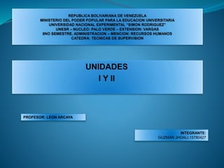UNIDADES
I Y II
PROFESOR: LEON ARCAYA
INTEGRANTE:
GUZMAN JHOALI,15780427
 