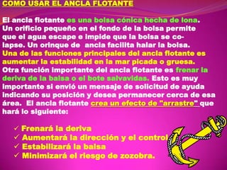 COMO USAR EL ANCLA FLOTANTE
El ancla flotante es una bolsa cónica hecha de lona.
Un orificio pequeño en el fondo de la bolsa permite
que el agua escape e impide que la bolsa se colapse. Un orinque de ancla facilita halar la bolsa.
Una de las funciones principales del ancla flotante es
aumentar la estabilidad en la mar picada o gruesa.
Otra función importante del ancla flotante es frenar la
deriva de la balsa o el bote salvavidas. Esto es muy
importante si envió un mensaje de solicitud de ayuda
indicando su posición y desea permanecer cerca de esa
área. El ancla flotante crea un efecto de "arrastre" que
hará lo siguiente:
 Frenará la deriva

 Aumentará la dirección y el control
 Estabilizará la balsa
 Minimizará el riesgo de zozobra.

 