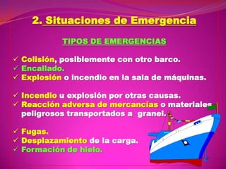 2. Situaciones de Emergencia
TIPOS DE EMERGENCIAS
 Colisión, posiblemente con otro barco.
 Encallado.
 Explosión o incendio en la sala de máquinas.
 Incendio u explosión por otras causas.
 Reacción adversa de mercancías o materiales
peligrosos transportados a granel.
 Fugas.
 Desplazamiento de la carga.
 Formación de hielo.

 
