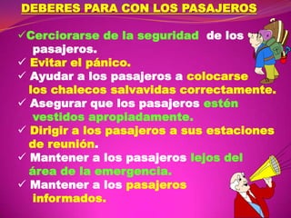 DEBERES PARA CON LOS PASAJEROS
Cerciorarse de la seguridad de los
pasajeros.
 Evitar el pánico.
 Ayudar a los pasajeros a colocarse
los chalecos salvavidas correctamente.
 Asegurar que los pasajeros estén
vestidos apropiadamente.
 Dirigir a los pasajeros a sus estaciones
de reunión.
 Mantener a los pasajeros lejos del
área de la emergencia.
 Mantener a los pasajeros
informados.

 