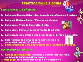 PRÁCTICA EN LA PISCINA
SEIS EJERCICIOS BÁSICOS:
1.

Salto con Chaleco Salvavidas, desde la plataforma de 5 metros.

2.

Salto sin Chaleco, 5 mts. / Ponerse en el agua.

3. Salto con el Traje de Inmersión, 5 mts.
4.

Salto con el Pantalón como boya, desde 2.5 mts.

5.

Salto usando la camisa como boya, desde el borde de la piscina.

6. Bola Humana en 3 grupos para mantenerse a la
espera del rescate, 15 minutos.
7. Demostración de 3 alumnos sacándose el pantalón en el agua.
TENIDA PARA LA PRÁCTICA:
1.

Para el Entrenamiento: Pantalón y camisa largos, toalla,
pantalón de baño, zapatillas y gafas.
2. Otra seca: para cambiarse luego de los ejercicios.

 