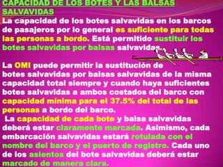 CAPACIDAD DE LOS BOTES Y LAS BALSAS
SALVAVIDAS
La capacidad de los botes salvavidas en los barcos
de pasajeros por lo general es suficiente para todas
las personas a bordo. Está permitido sustituir los
botes salvavidas por balsas salvavidas.
La OMI puede permitir la sustitución de
botes salvavidas por balsas salvavidas de la misma
capacidad total siempre y cuando haya suficientes
botes salvavidas a ambos costados del barco con
capacidad mínima para eI 37.5% del total de las
personas a bordo del barco.
La capacidad de cada bote y balsa salvavidas
deberá estar claramente marcada. Asimismo, cada
embarcación salvavidas estará rotulada con el
nombre del barco y el puerto de registro. Cada uno
de los asientos del bote salvavidas deberá estar
marcado de manera clara.

 