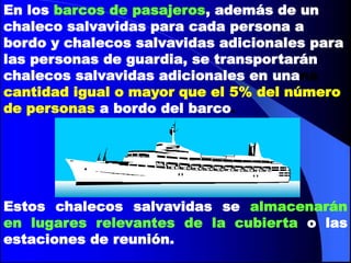 En los barcos de pasajeros, además de un
chaleco salvavidas para cada persona a
bordo y chalecos salvavidas adicionales para
las personas de guardia, se transportarán
chalecos salvavidas adicionales en unana
cantidad igual o mayor que el 5% del número
de personas a bordo del barco.

Estos chalecos salvavidas se almacenarán
en lugares relevantes de la cubierta o las
estaciones de reunión.

 