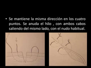 • Se mantiene la misma dirección en los cuatro
  puntos. Se anuda el hilo , con ambos cabos
  saliendo del mismo lado, con el nudo habitual.
 