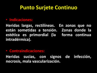 Punto Surjete Continuo
• Indicaciones:
Heridas largas, rectilíneas. En zonas que no
están sometidas a tensión. Zonas donde la
estética es primordial (la forma continua
intradérmica).

• Contraindicaciones:
Heridas sucias, con signos de infección,
necrosis, mala vascularización.
 