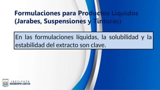 Formulaciones para Productos Líquidos
(Jarabes, Suspensiones y Tinturas)
En las formulaciones líquidas, la solubilidad y la
estabilidad del extracto son clave.
 