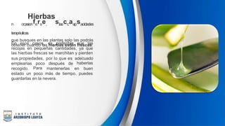 Hierbas
n ocasionferse, slasccaapsacidades
terapéuticas
que busques en las plantas solo las podrás
obtener cuando las hierbas estén frescas.
En esos casos, es preferible que las
recojas en pequeñas
las hierbas frescas se
cantidades, ya que
marchitan y pierden
sus propiedades, por lo que es adecuado
haberlas
emplearlas
recogido.
estado un
poco
Para
después de
mantenerlas en buen
poco más de tiempo, puedes
guardarlas en la nevera.
 