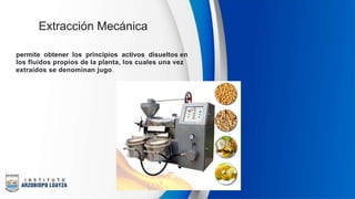 Extracción Mecánica
permite obtener los principios activos disueltos en
los fluidos propios de la planta, los cuales una vez
extraídos se denominan jugo.
 
