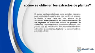¿cómo se obtienen los extractos de plantas?
El uso de plantas medicinales como remedios naturales
para patologías diversas ha sido muy común a lo largo de
la historia y tiene cada vez más adeptos en la
de
de
actualidad. Para aprovechar los principios activos
los vegetales
extracción. De
pueden ser de
es necesario realizar un proceso
esta forma se obtienen los extractos, que
varios tipos, en función del método de
extracción, la consistencia, la planta y la concentración de
principios activos.
 