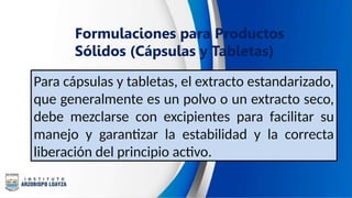 Formulaciones para Productos
Sólidos (Cápsulas y Tabletas)
Para cápsulas y tabletas, el extracto estandarizado,
que generalmente es un polvo o un extracto seco,
debe mezclarse con excipientes para facilitar su
manejo y garantizar la estabilidad y la correcta
liberación del principio activo.
 