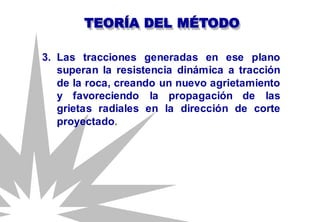 3. Las tracciones generadas en ese plano
superan la resistencia dinámica a tracción
de la roca, creando un nuevo agrietamiento
y favoreciendo la propagación de las
grietas radiales en la dirección de corte
proyectado.
TEORÍA DEL MÉTODO
 