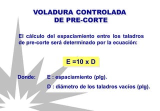 El cálculo del espaciamiento entre los taladros
de pre-corte será determinado por la ecuación:
VOLADURA CONTROLADA
DE PRE-CORTE
E =10 x D
Donde: E : espaciamiento (plg).
D : diámetro de los taladros vacíos (plg).
 