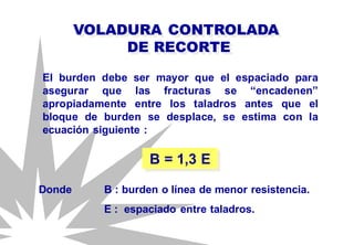 El burden debe ser mayor que el espaciado para
asegurar que las fracturas se “encadenen”
apropiadamente entre los taladros antes que el
bloque de burden se desplace, se estima con la
ecuación siguiente :
VOLADURA CONTROLADA
DE RECORTE
B = 1,3 E
Donde B : burden o línea de menor resistencia.
E : espaciado entre taladros.
 