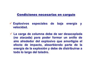 Condiciones necesarias en carguío
 Explosivos especiales de baja energía y
velocidad.
 La carga de columna debe de ser desacoplada
(no atacada) para poder formar un anillo de
aire alrededor del explosivo que amortigüe el
efecto de impacto, absorbiendo parte de la
energía de la explosión y debe de distribuirse a
todo lo largo del taladro.
 