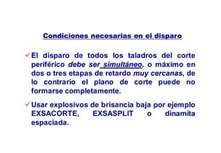 El disparo de todos los taladros del corte
periférico debe ser simultáneo, o máximo en
dos o tres etapas de retardo muy cercanas, de
lo contrario el plano de corte puede no
formarse completamente.
Condiciones necesarias en el disparo
Usar explosivos de brisancia baja por ejemplo
EXSACORTE, EXSASPLIT o dinamita
espaciada.
 