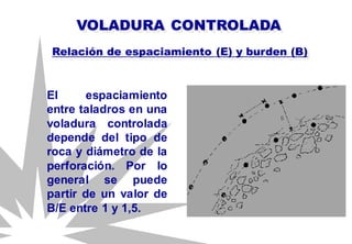 El espaciamiento
entre taladros en una
voladura controlada
depende del tipo de
roca y diámetro de la
perforación. Por lo
general se puede
partir de un valor de
B/E entre 1 y 1,5.
Relación de espaciamiento (E) y burden (B)
VOLADURA CONTROLADA
 